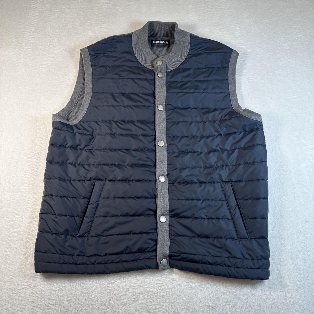 Barbour Vest Mens 2XL Blue Knit Back Snap Front Quilted Puffer Insulated Outdoor